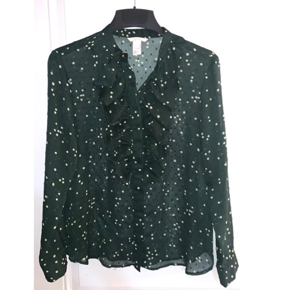 H&M Plumeti Blouse Dark Green with White Polka Dots Ruffle Ling Sleeve 12 - Picture 5 of 9